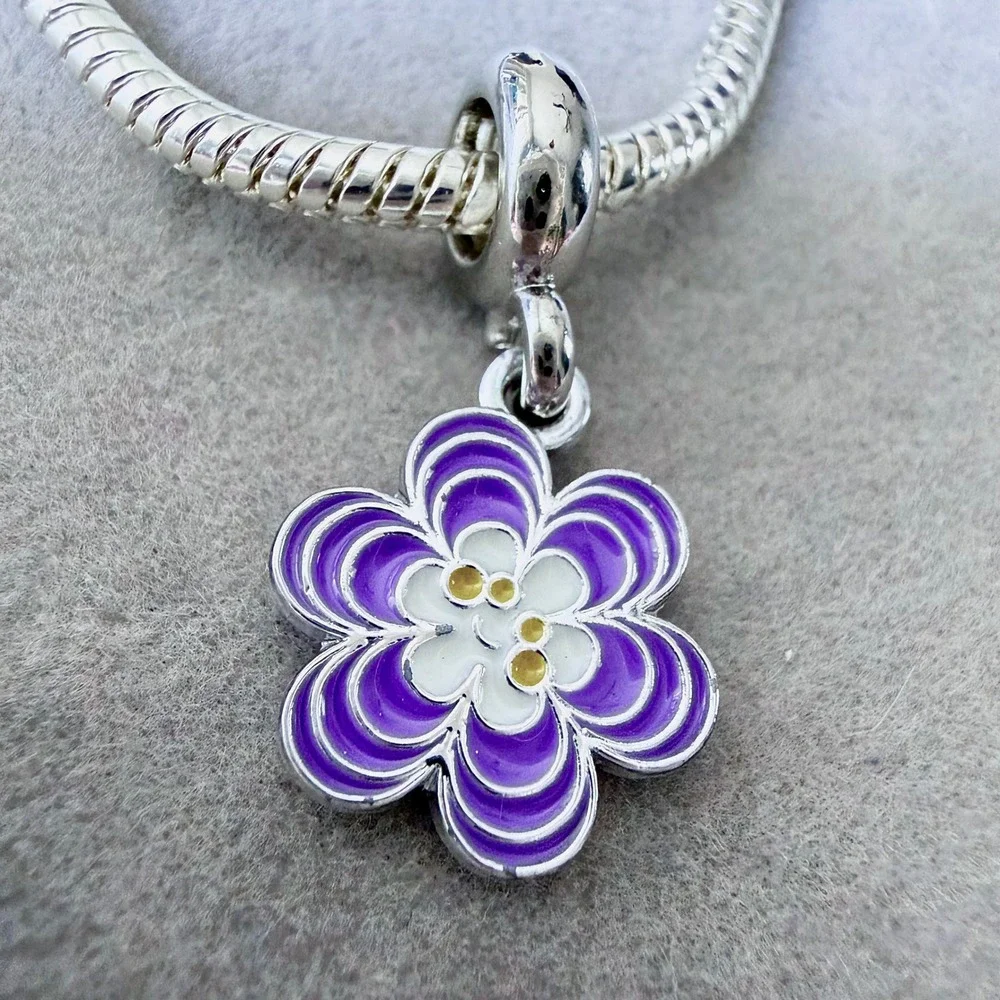 Purple Enamel Flower Dangle Charm fits PANDORA